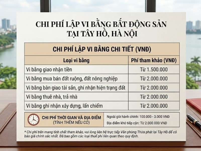 Tư Vấn Lập Vi Bằng Bất Động Sản: Sổ Đỏ & Đất Không Sổ Tại Phường Tây Hồ, Hà Nội 4 Chi phí lập vi bằng bất động sản (đất có sổ & đất không sổ) tại Tây Hồ, Hà Nội như thế nào?